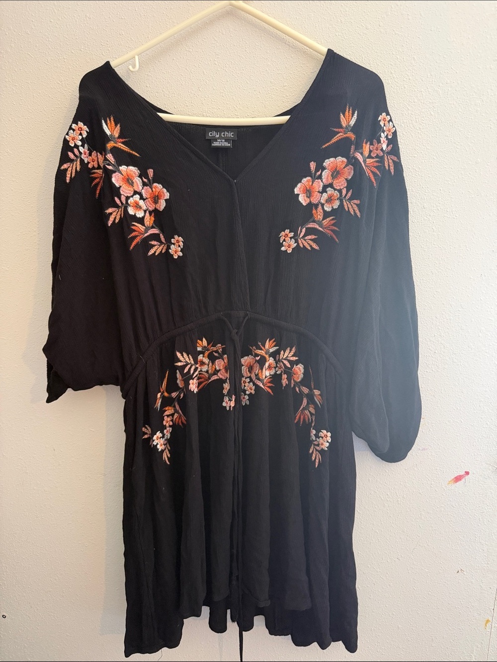 City Chic Black Long-Sleeve Tunic with Pink & Orange Floral Embroidery